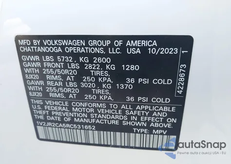 2024 Volkswagen Atlas 2.0T Se W/Technology z USA, uszkodzony, nr VIN 1V2JR2CA5RC531652